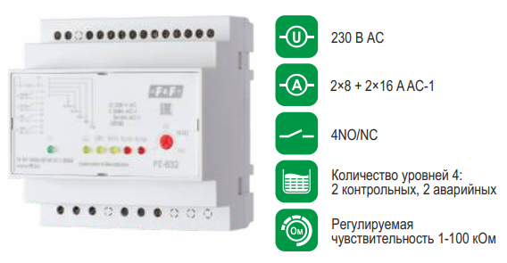 PZ-832 реле уровня 4NO/NC, 230В AC, 2х8А 2х16А, IP20