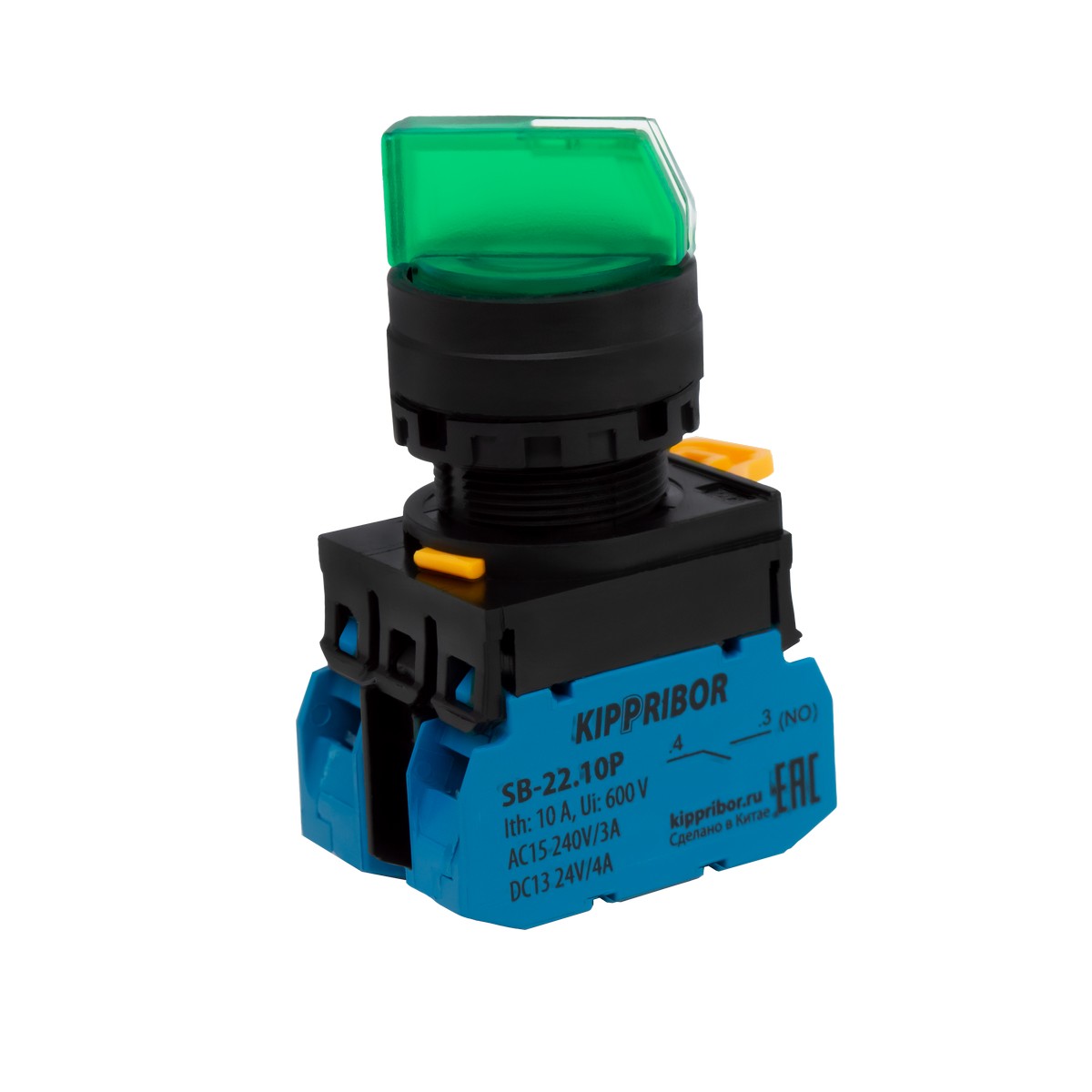 Перекл. поворотный с фикс., подсв., 3 пол., 2NO,  220 V AC/DC, зел